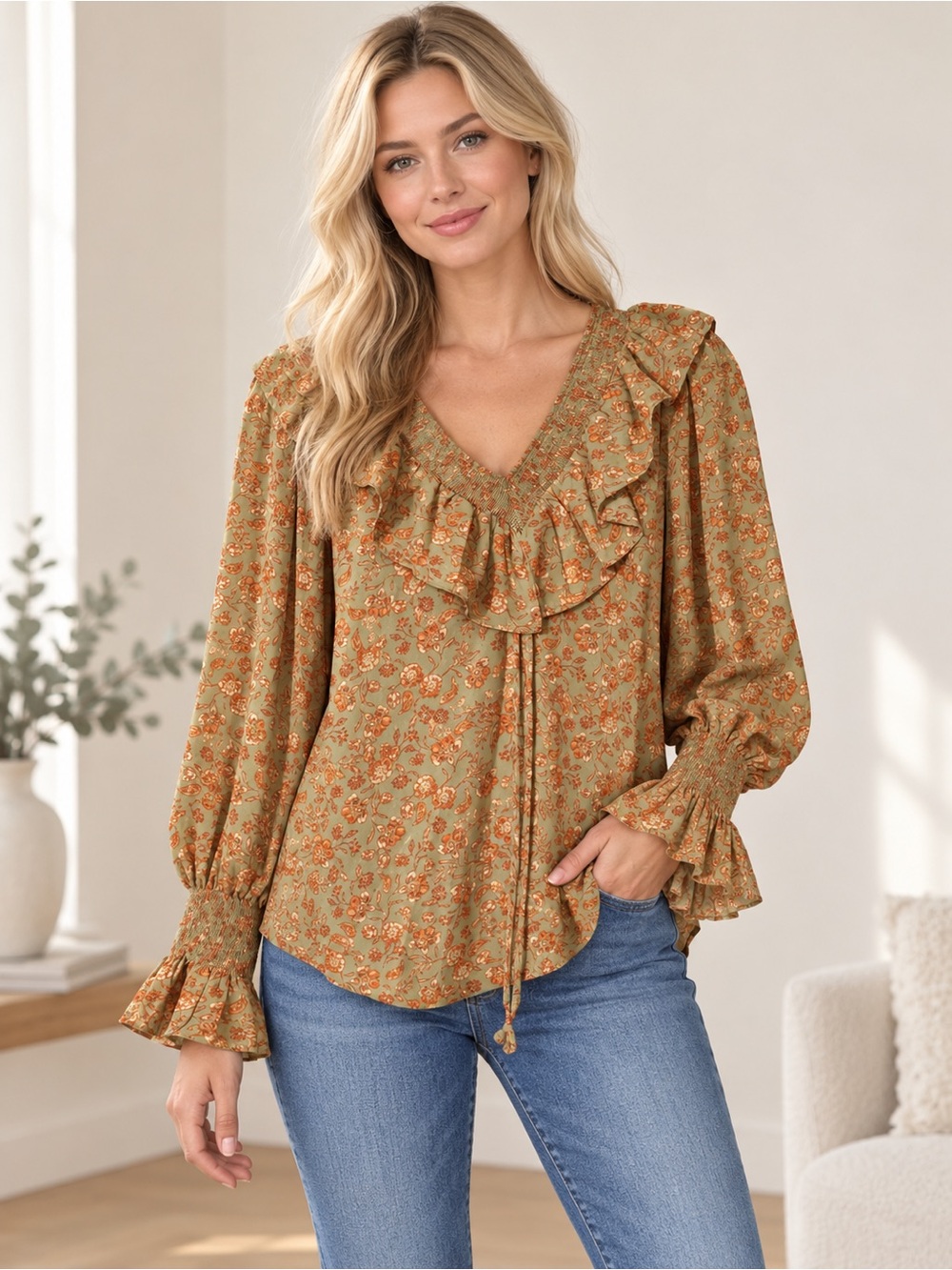Ruffled V-Neck Floral Blouse in Olive